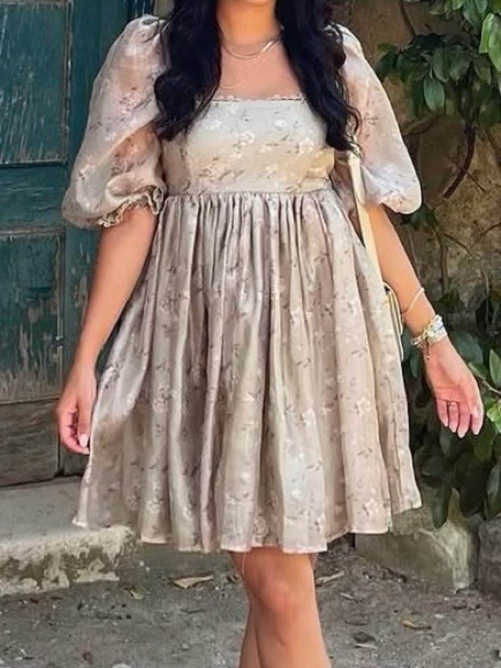Elegant Puff Sleeve Square Neck Dress in Beige/sage green